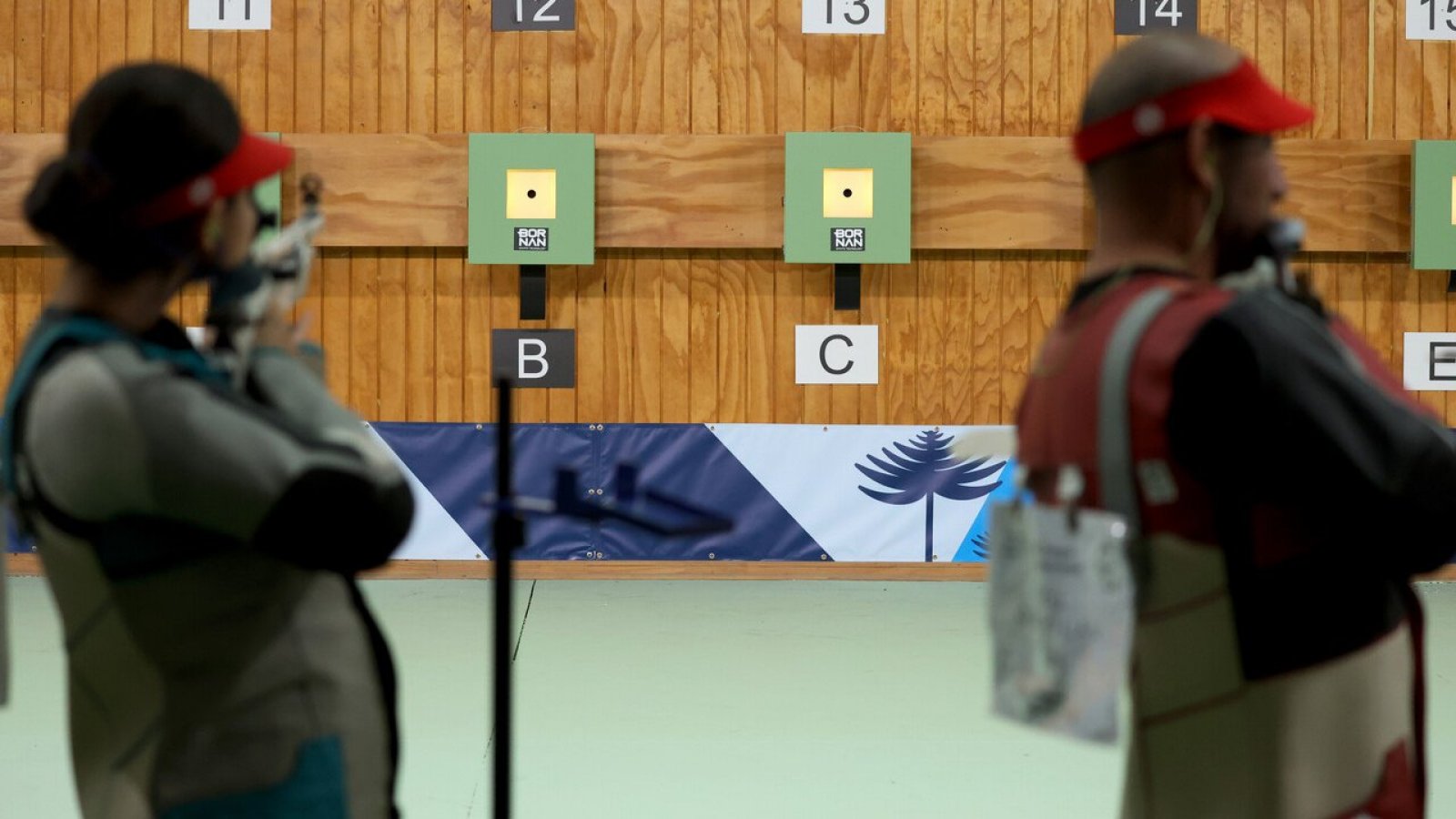 Competitors in the Air Mixed Team Rifle during the Santiago 2023 Pan American Games