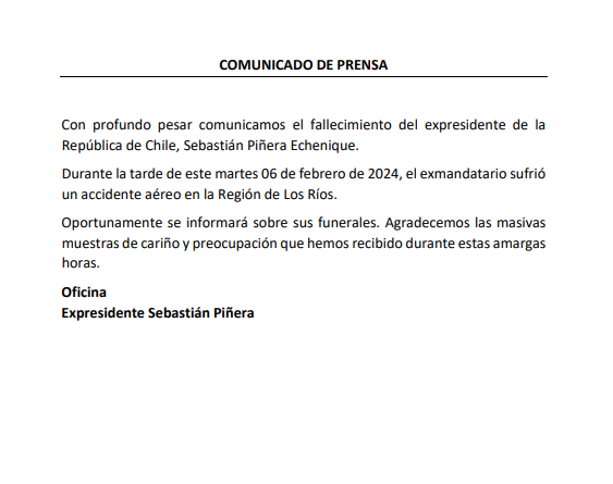 Comunicado fallecimiento expresidente Sebastián Piñera.