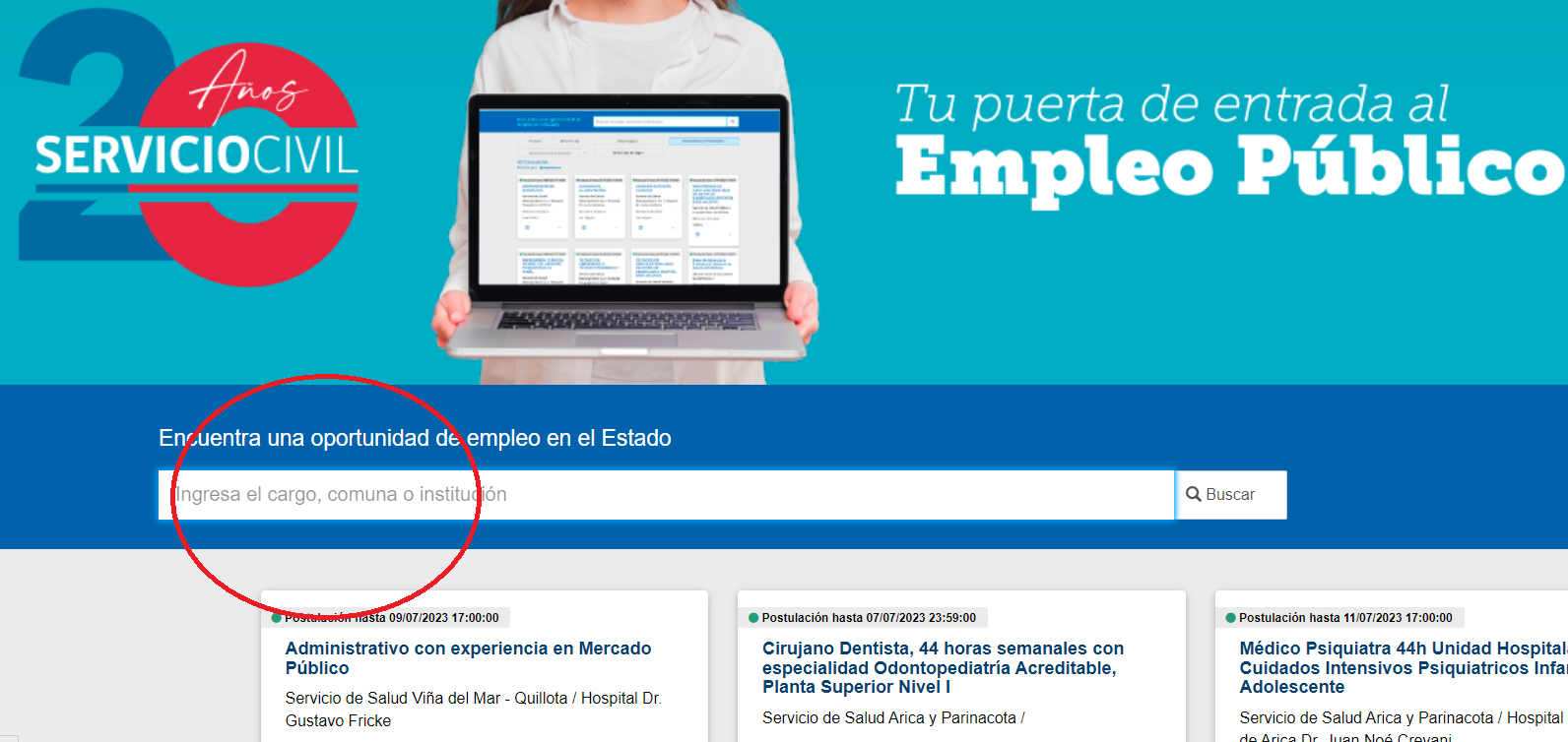 Captura del sitio de empleos públicos.