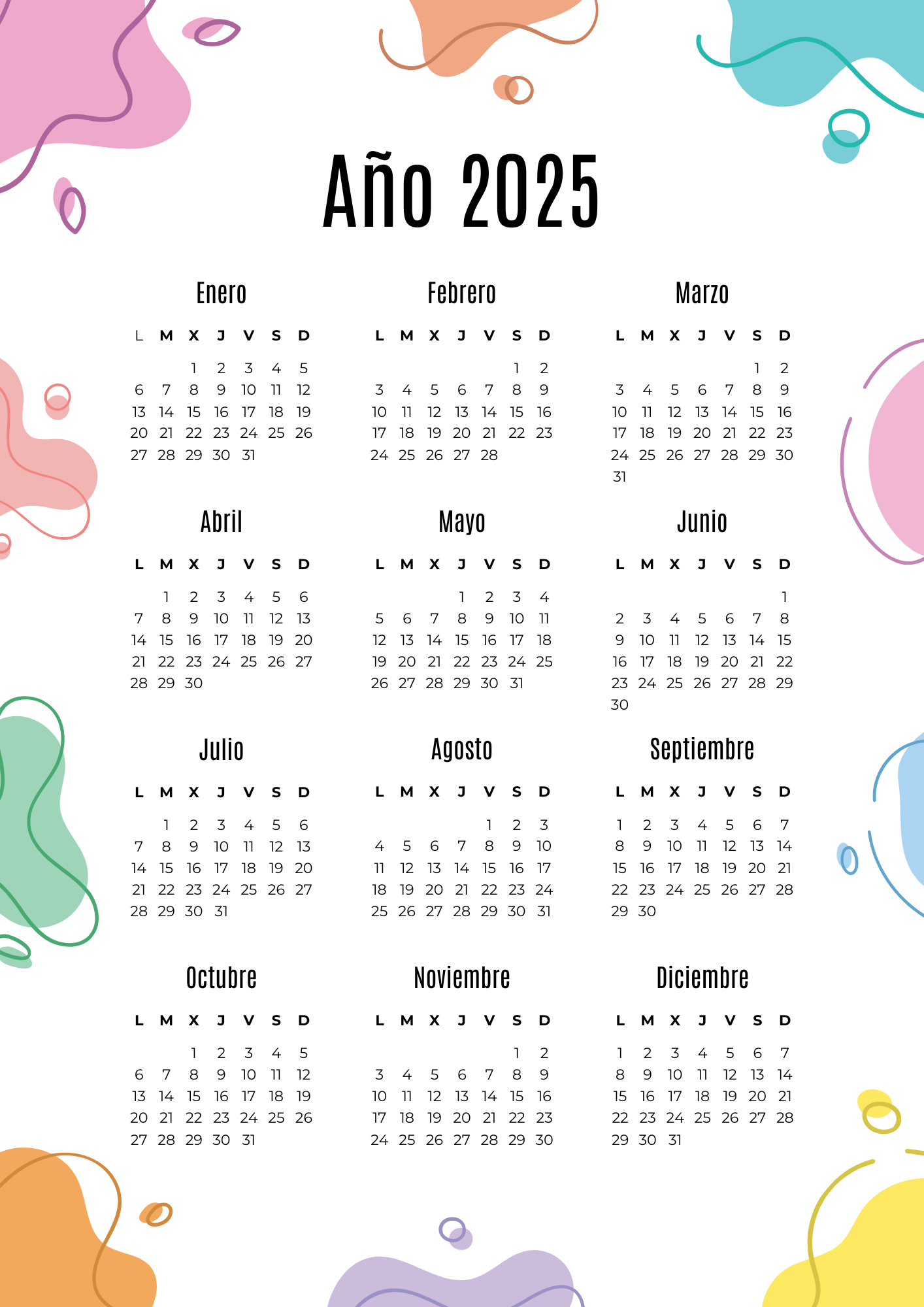 Calendario 2025 verde con flores