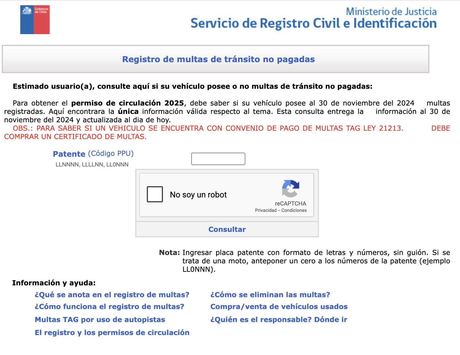 Registro de multas de tránsito no pagadas