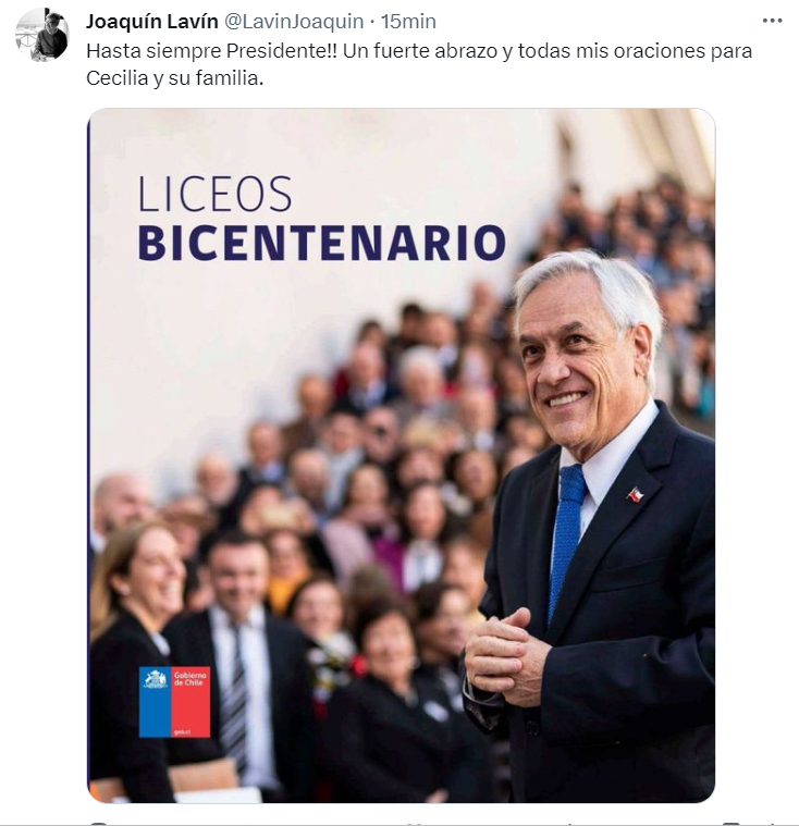 Joaquín Lavín lamenta muerte de expresidente Sebastián Piñera.