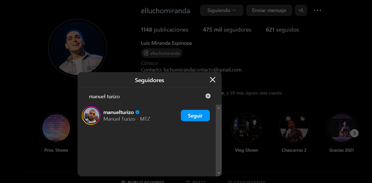 Manuel Turizo siguiendo a Lucho Miranda en Instagram