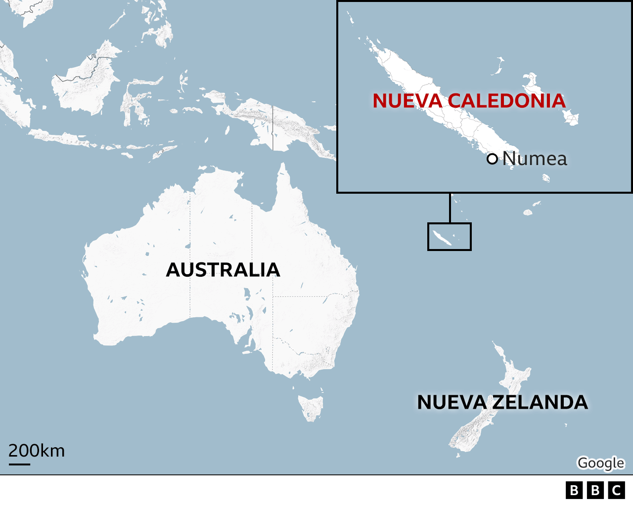 Mapa que muestra la ubicación de Nueva Caledonia.
