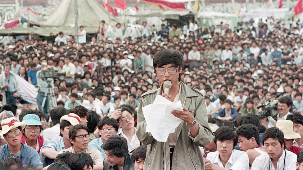 Manifestantes en la Plaza de Tiananmen en 1989