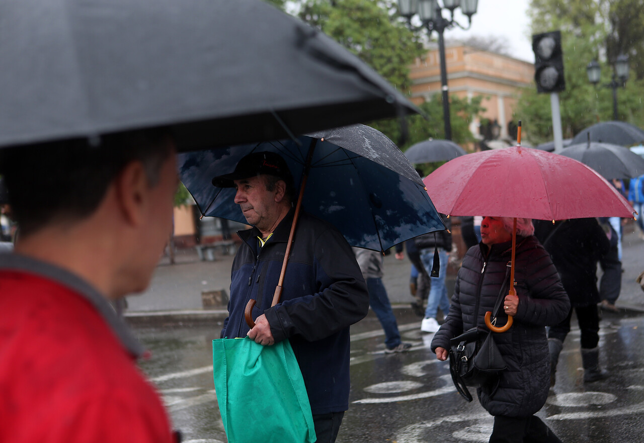 Personas bajo la lluvia con paraguas. Sistema frontal