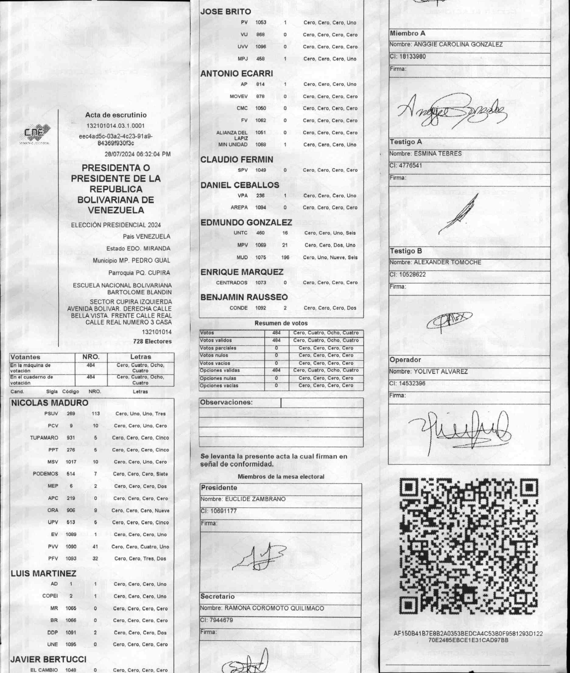 Copia de un acta de las elecciones del 28 de julio de 2024 en Venezuela.