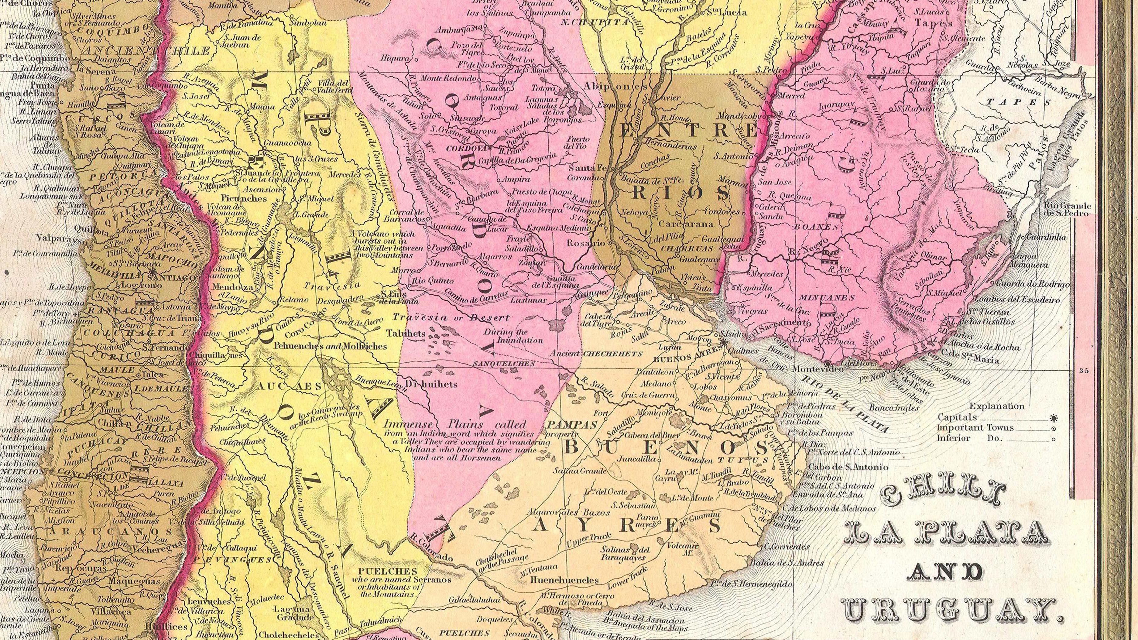 Mapa antiguo de los territorios que hoy pertenecen a Chile, Argentina y Uruguay