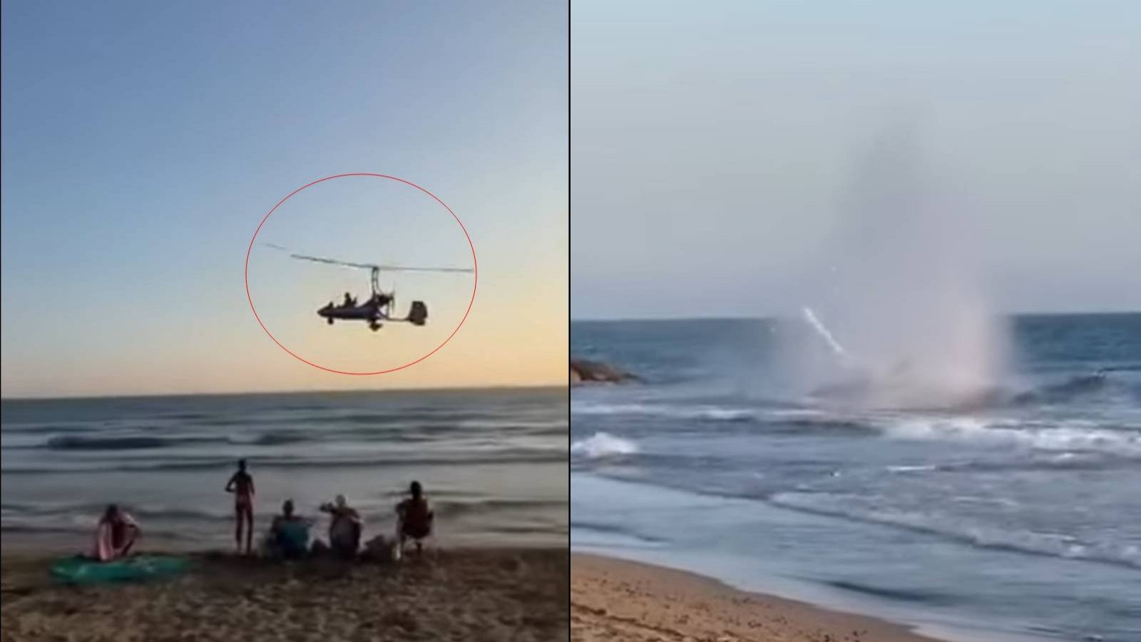 Helicóptero pequeño, segundos antes y después de estrellarse en una playa de Nápoles