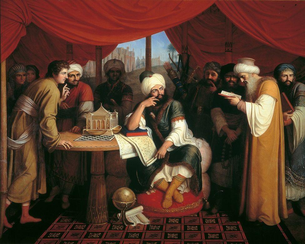 El califa Harun al-Rashid, en el centro de la escena, rodeado de instrumentos eruditos y científicos.