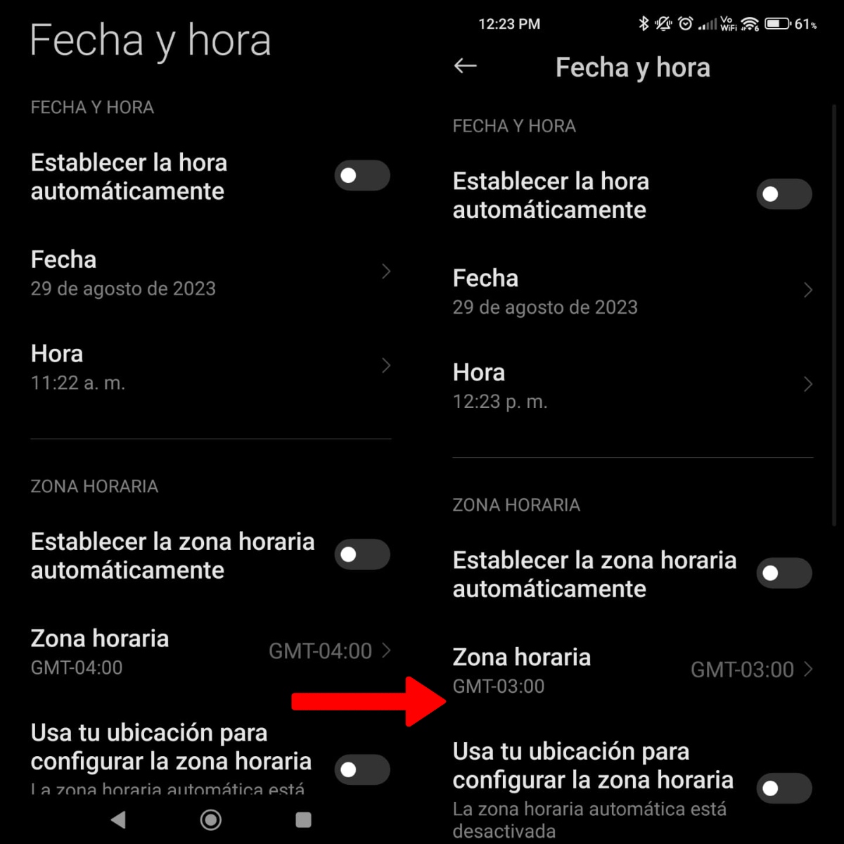 Cambio de hora en Android.