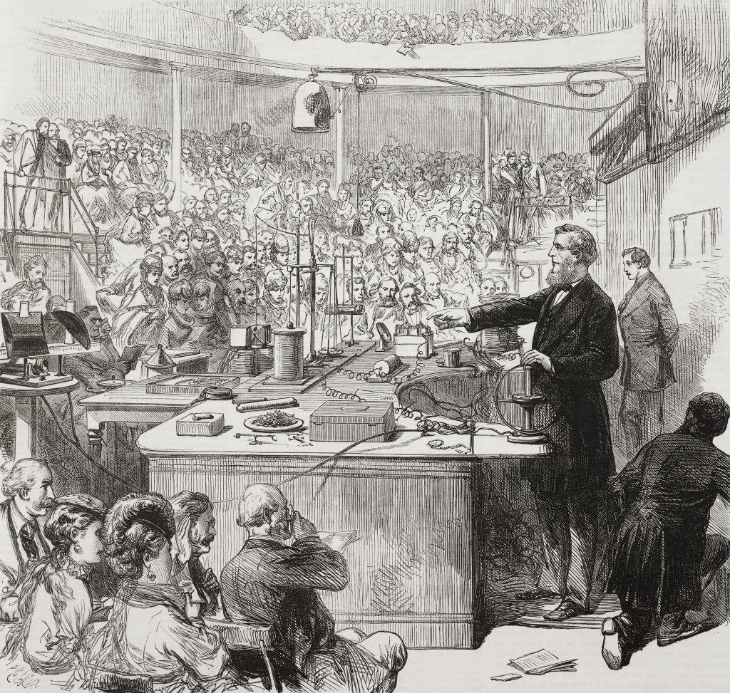 Ilustración de John Tyndall dando una conferencia en la Royal Institution de Londres.