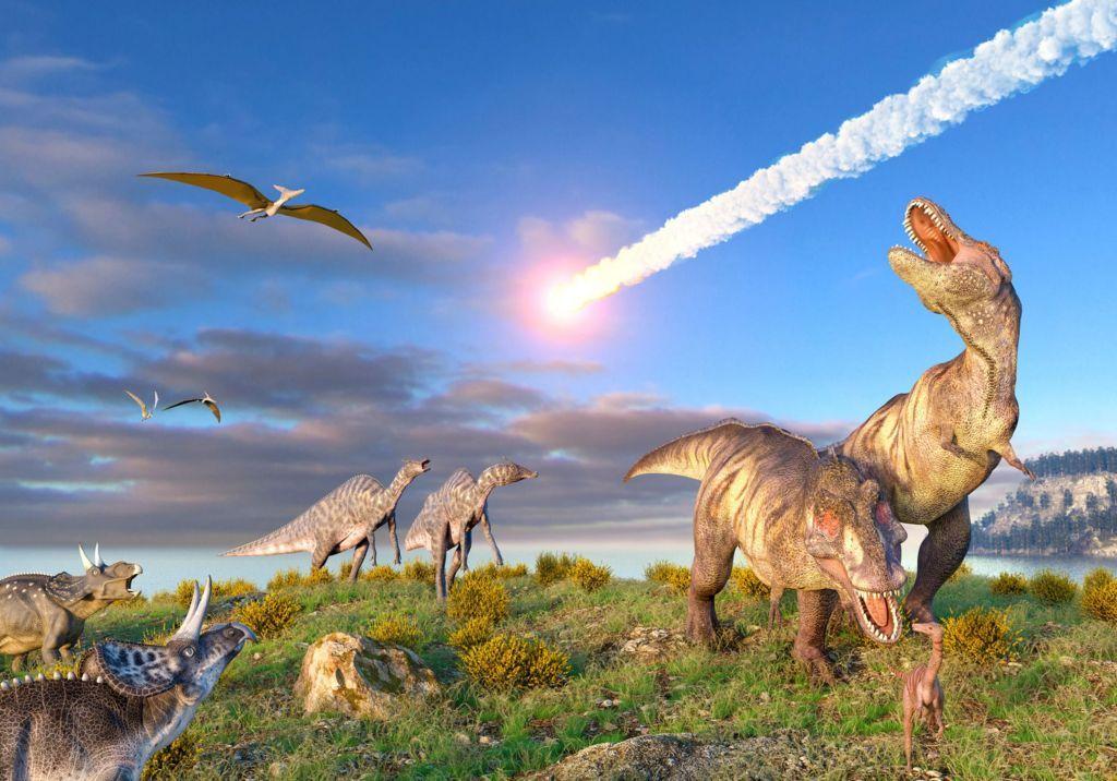 Una ilustración de la caída de un asteroide en la época de los dinosaurios