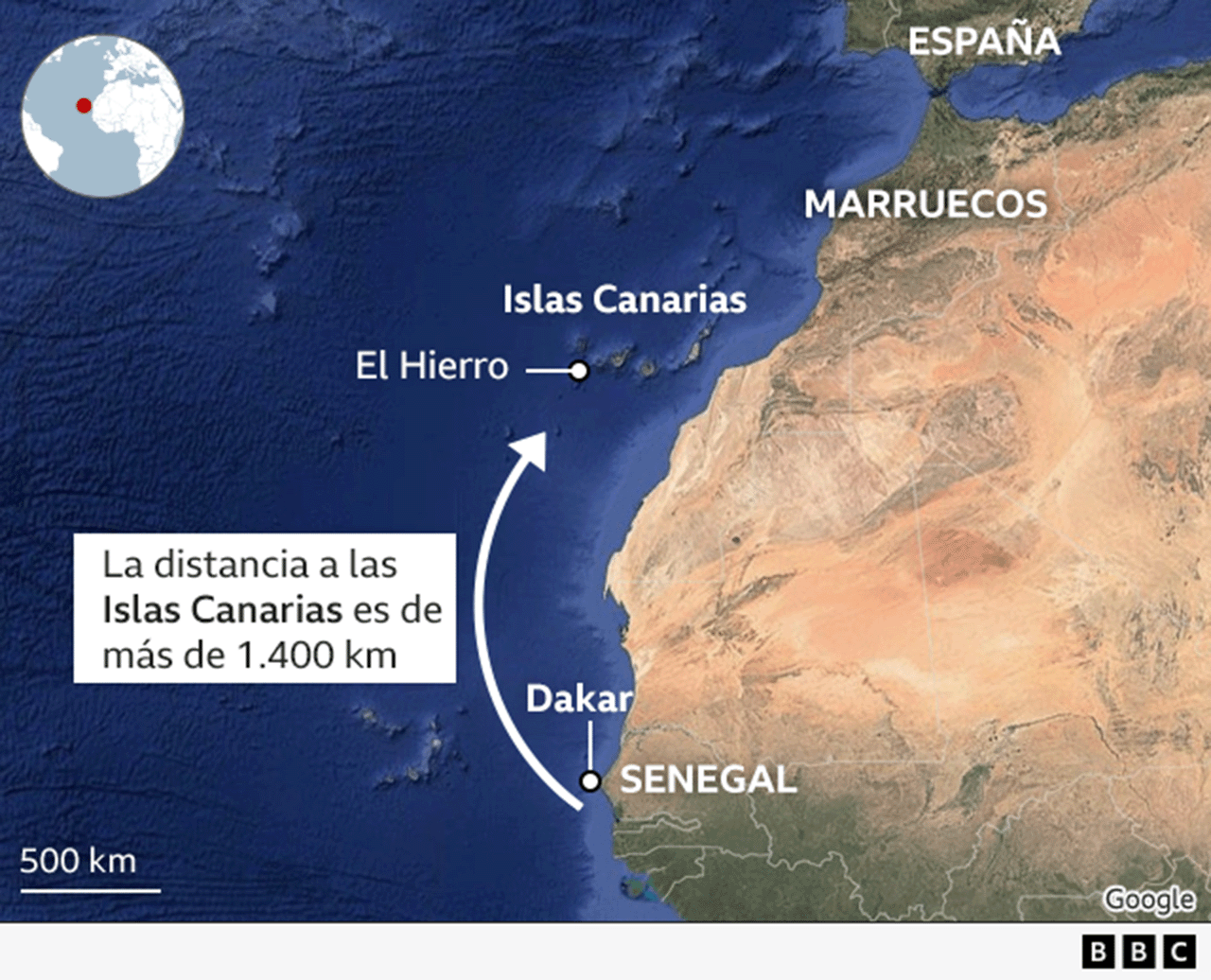 Mapa de África Occidental que muestra el viaje de los migrantes desde Senegal hasta las Islas Canarias