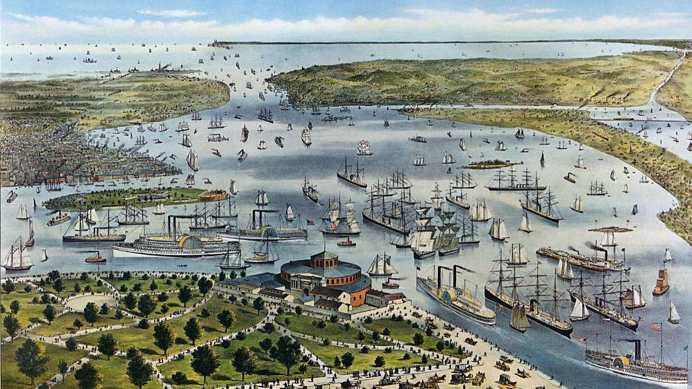 Vista del puerto de Nueva York. Litografía de Currier & Ives, Estados Unidos, Nueva York 1878. (Fotografía de Fototeca Gilardi/Getty Images)