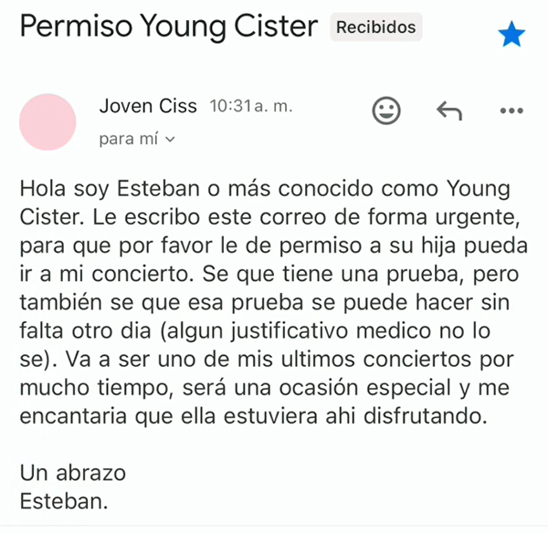 El mensaje de Young Cister a madre de fan