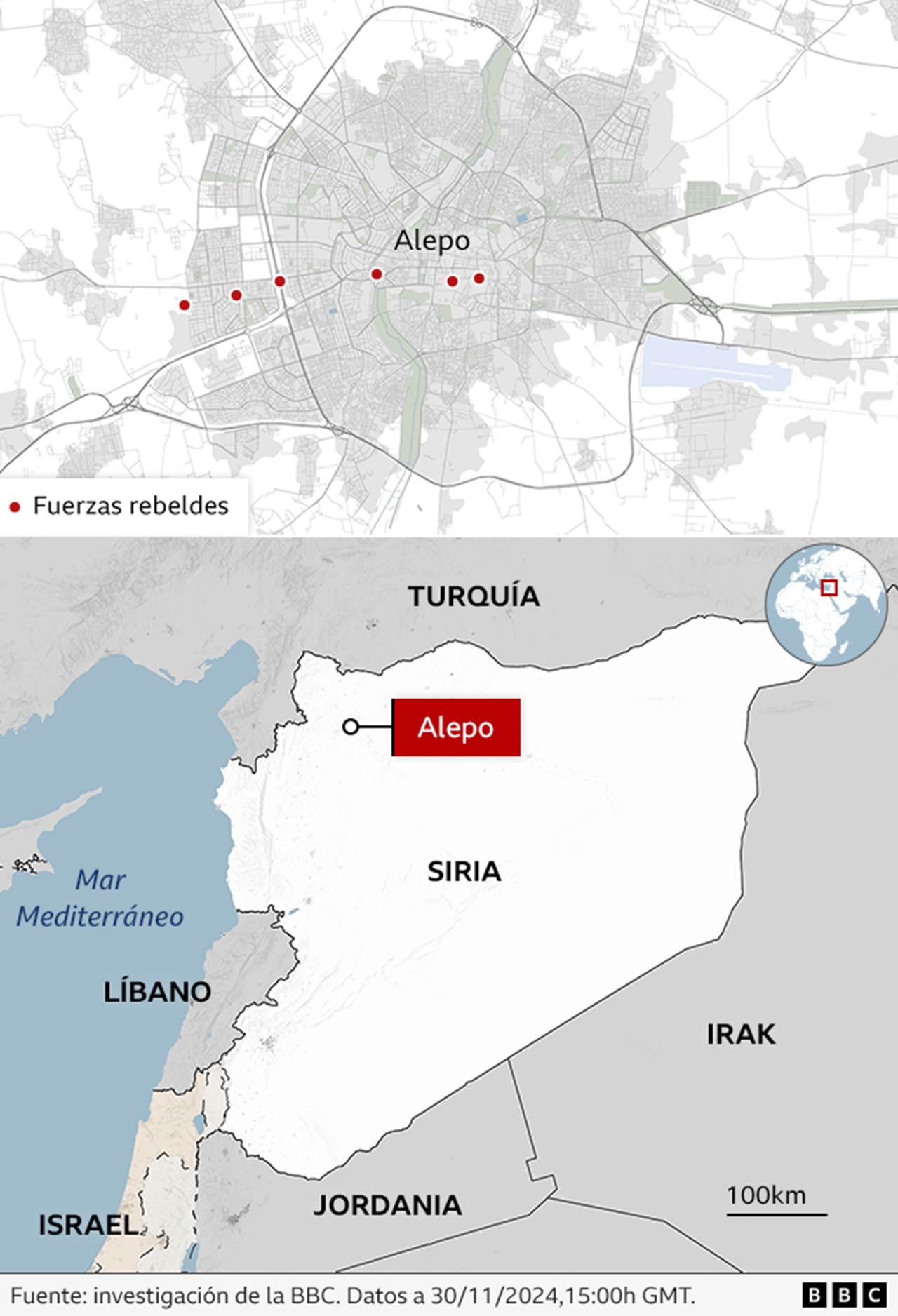 Mapa que muestra la ubicación de Alepo, en el noreste de Siria. La segunda ciudad del país está cerca de la frontera con Turquía.