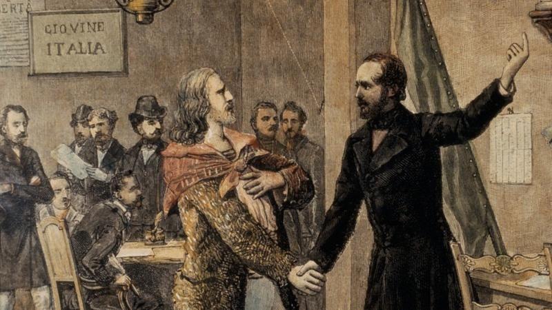 Primer encuentro entre un joven Garibaldi y el político republicano italiano Giuseppe Mazzini, en la ciudad francesa de Marsella, en 1833.