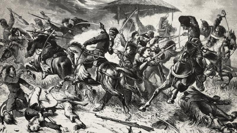 Ilustración en blanco y negro de las tropas de Garibaldi durante la Guerra Grande de Uruguay