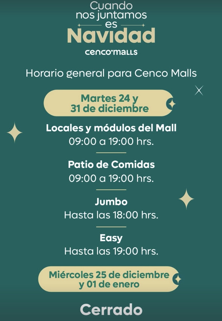 Horarios de cenco malls en Navidad